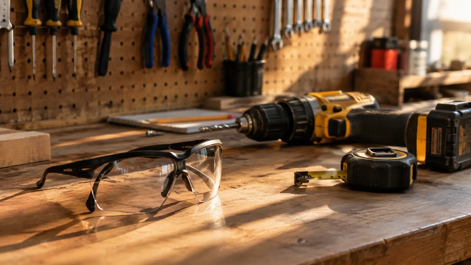 Safety glasses beside a cordless drill and tape measure on a workshop workbench