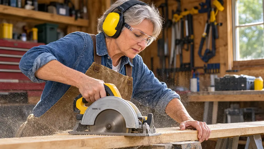 A woman wearing ear muffs and safety glasses guiding a circular saw through a board on sawhorses in a garage workshop.