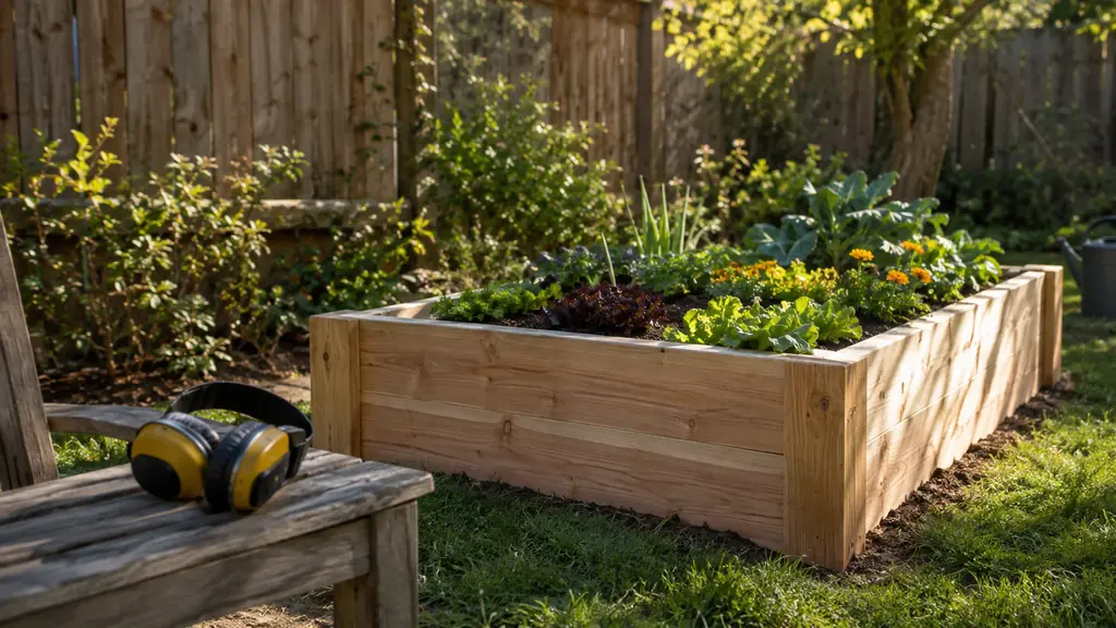 A raised garden bed built from freshly cut boards in a backyard in late afternoon light, with a pair of ear muffs resting on a wooden bench beside it.