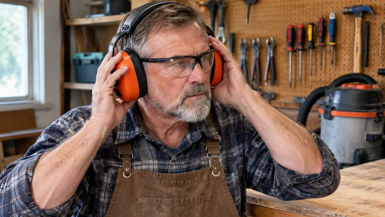 A person pressing ear muffs over safety glasses for a snug fit before cutting.