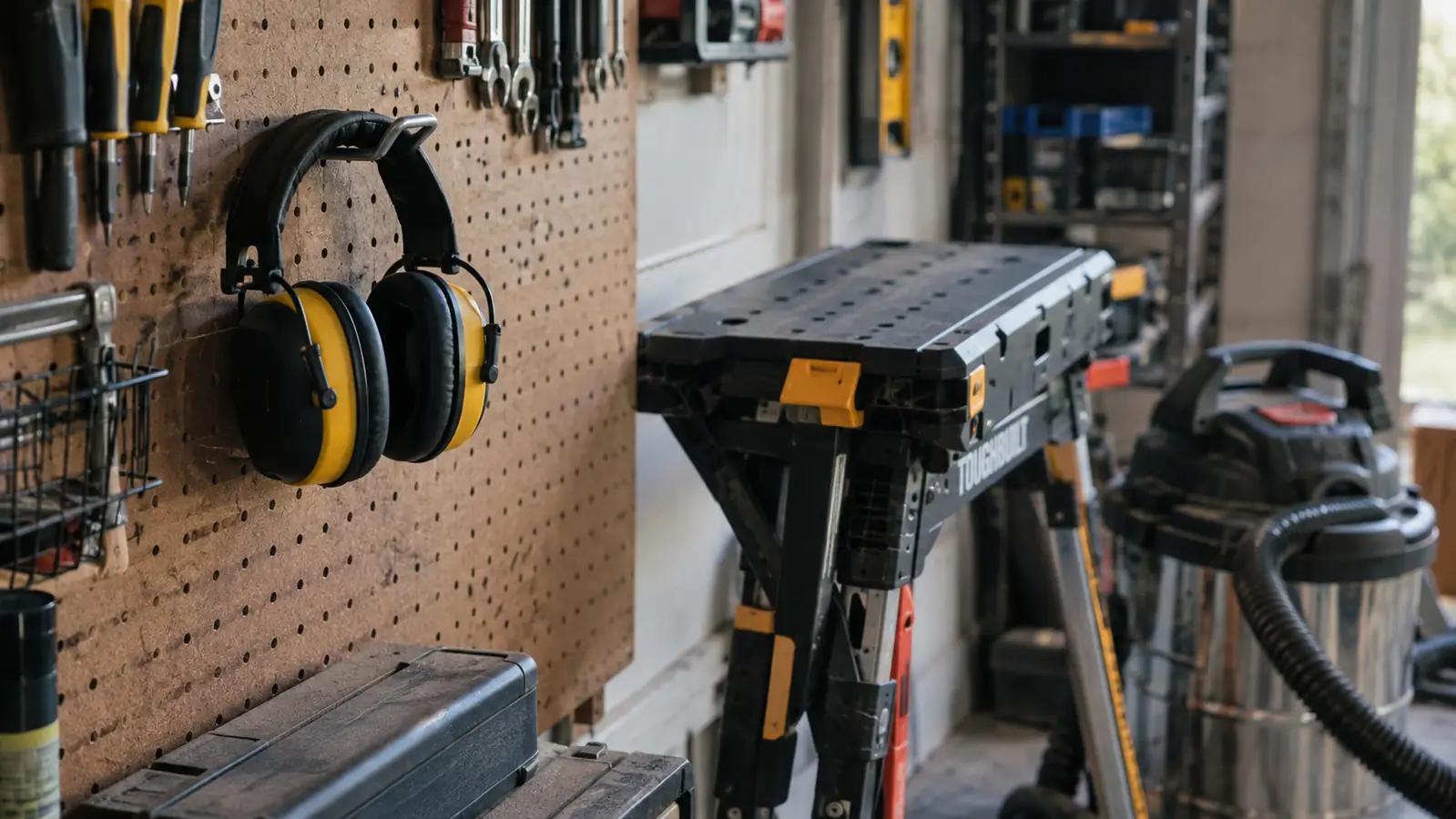 Ear muffs hanging on a pegboard hook in a garage workshop.