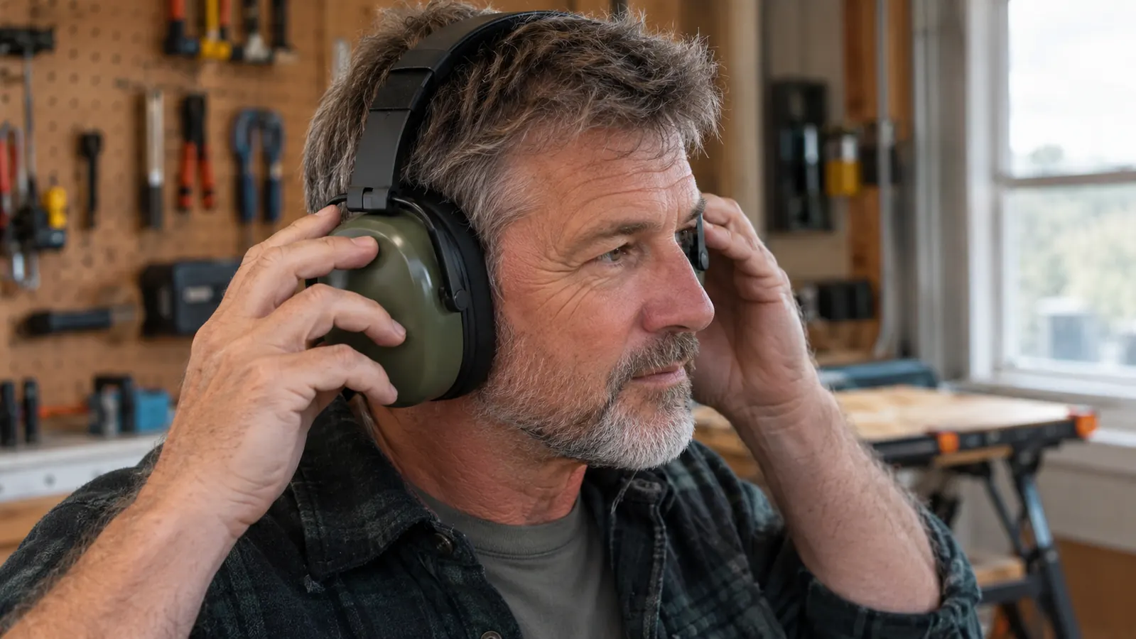 Close-up of hands adjusting ear protection muffs over a person's ears in a home workshop