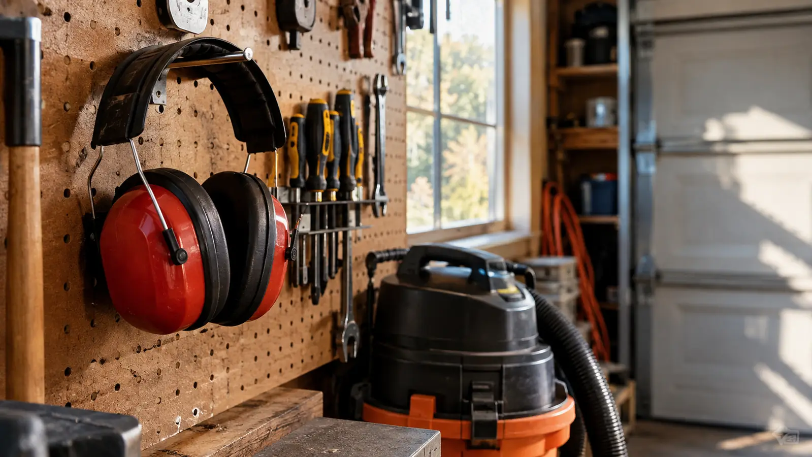 Ear protection muffs hanging on a pegboard hook in a home garage workshop