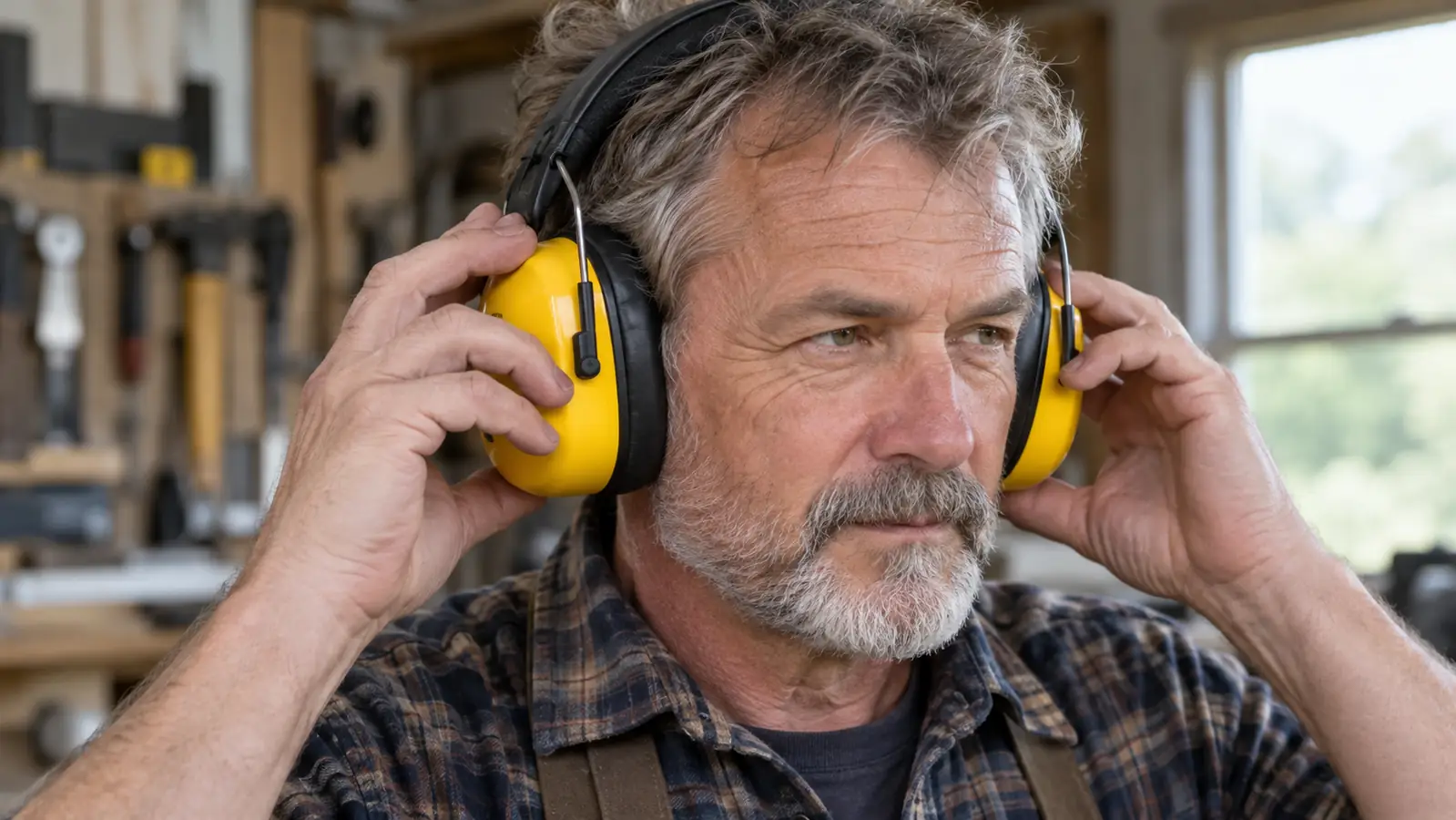 A hand placing ear muffs over a person's ears before starting a saw