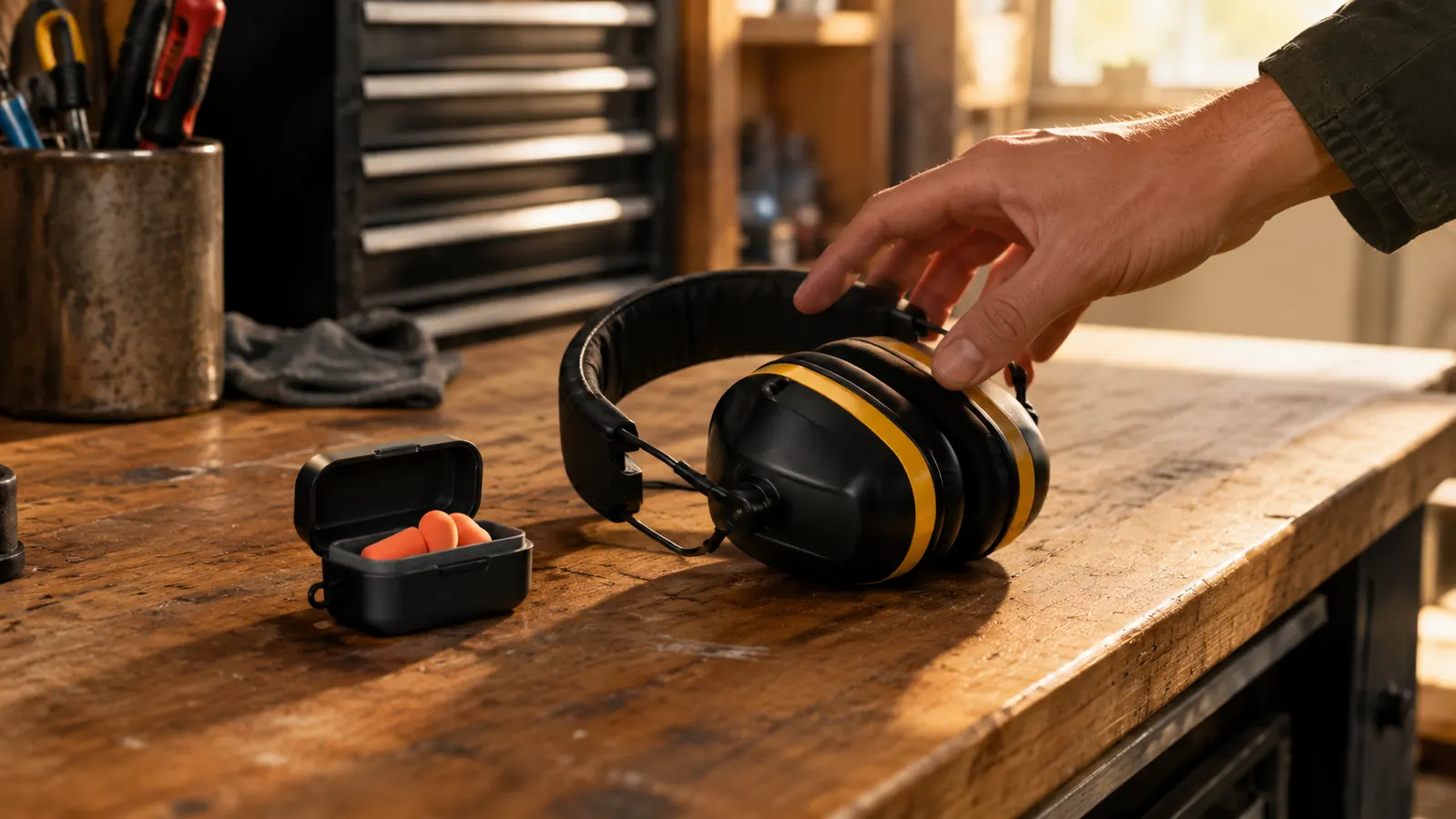 A person at a workbench reaching for ear muffs instead of a small foam earplug case
